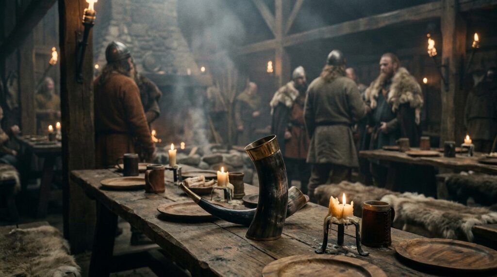 Dryckeshorn på festbord i vikingahall