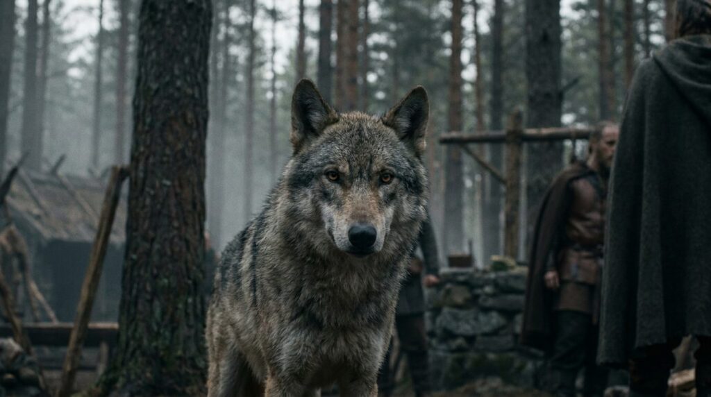 Ensam varg i mörk skog