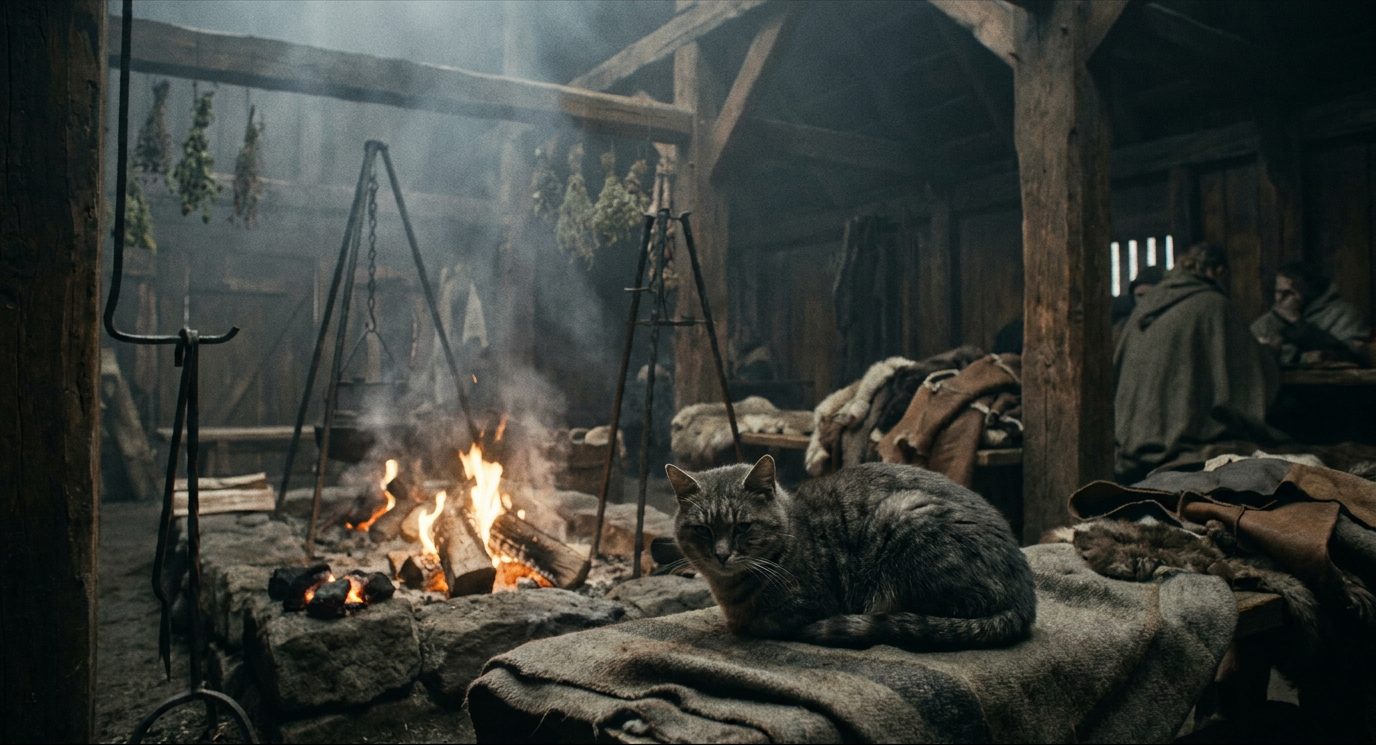 Katt vid härden i ett långhus