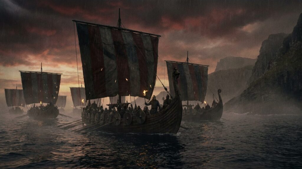 Vikingaflotta i gryningsdimma