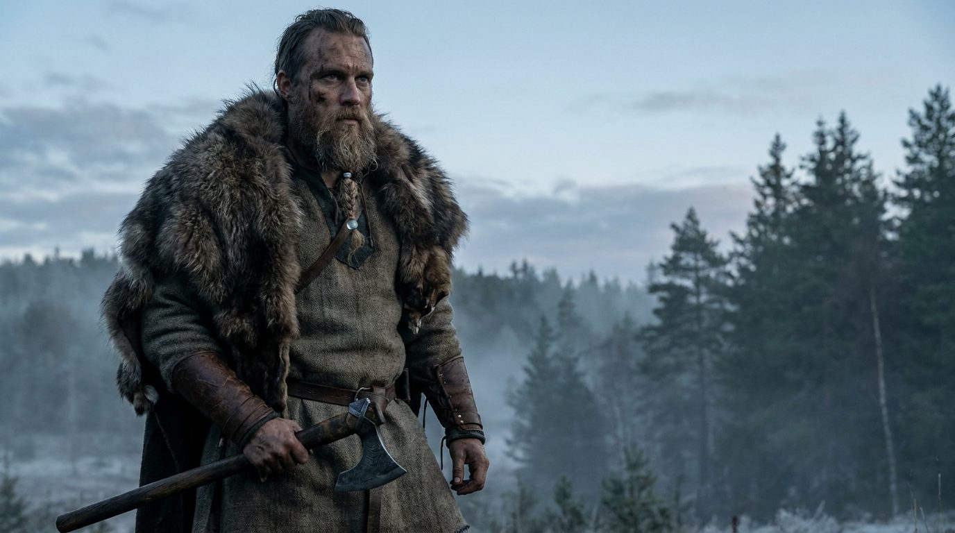 Vikingakrigare i päls vid nordisk skog