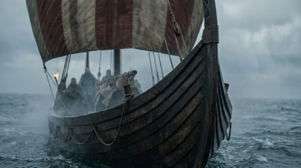 Vikingaskepp till havs under mulen himmel