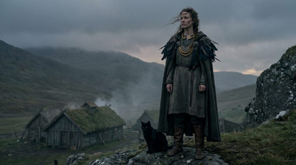 Freja, kärlekens och stridens gudinna, med falkhamn och guldsmycke