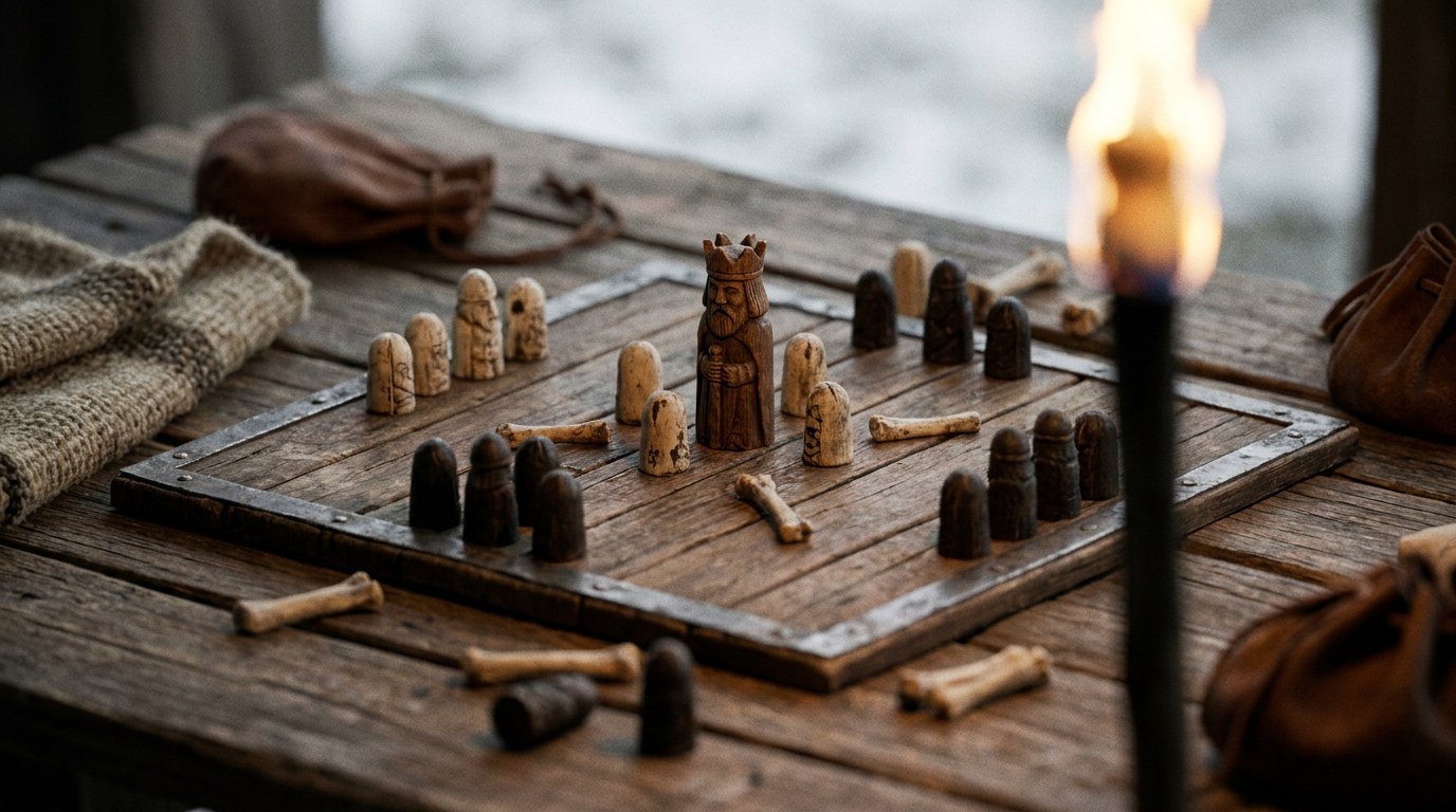 Hnefatafl-bräde med kungen omringad av försvarare