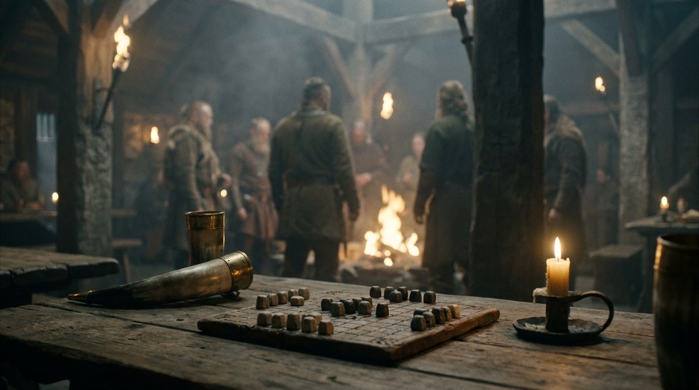 Hnefatafl-bräde framdukat i vikingahall en kväll
