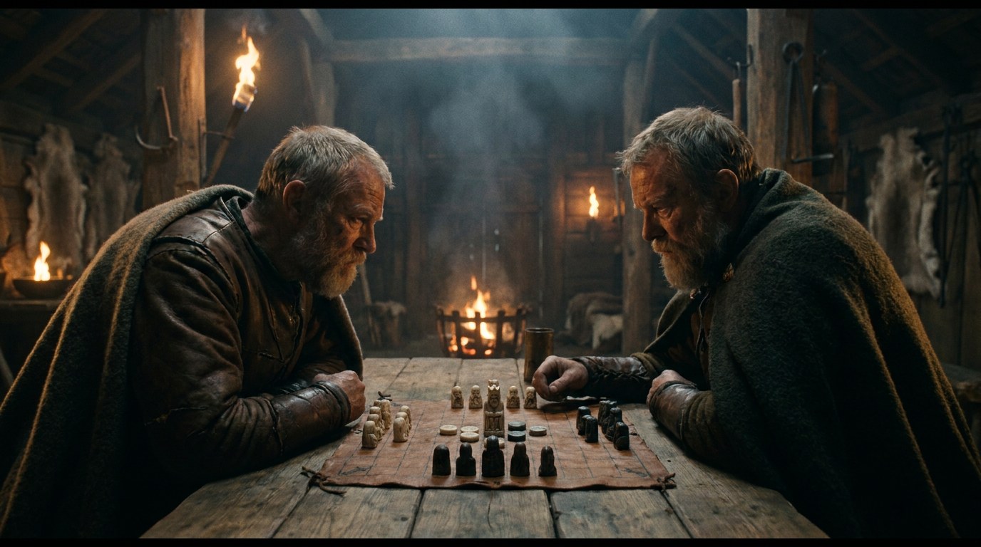 Två vikingar spelar hnefatafl vid elden en kväll