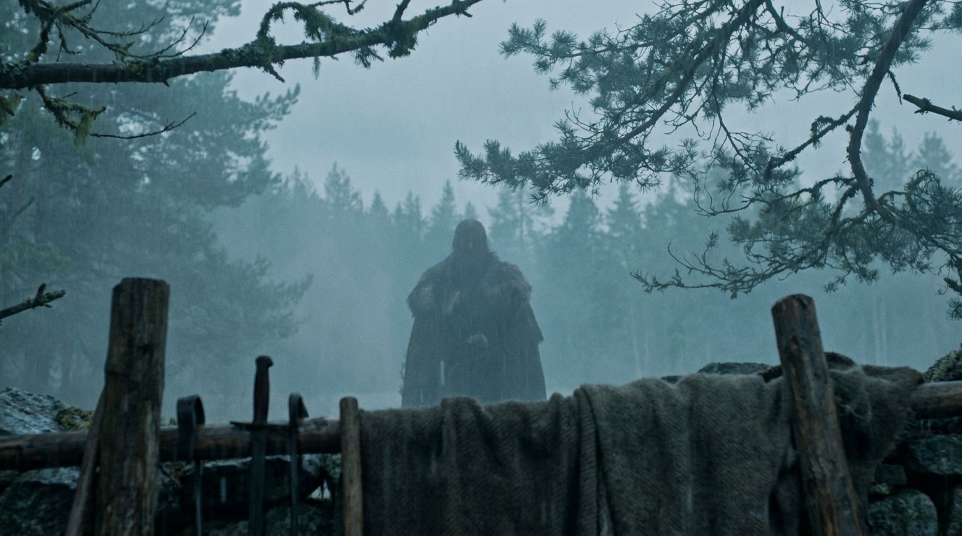 Kvinnogestalt skymtad bland träden i dimmig skog
