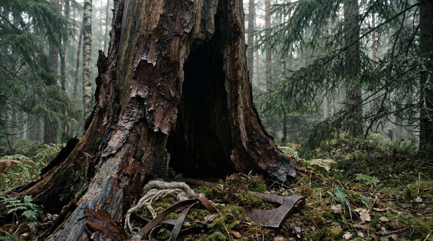 Ruttet, ihåligt trädstubbe i mossig skog