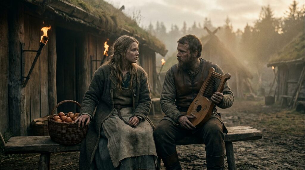 Idun och Bragi utanför hallen