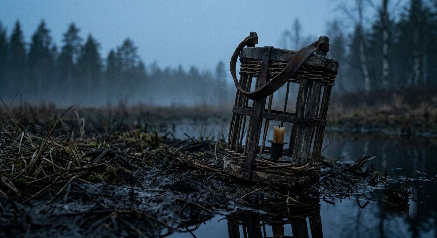 Gammal lykta lämnad vid kanten av en mörk myr