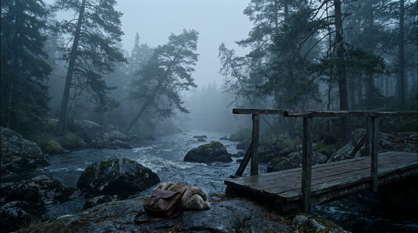 Sträckt ström genom mörk skog i gryningsdimma