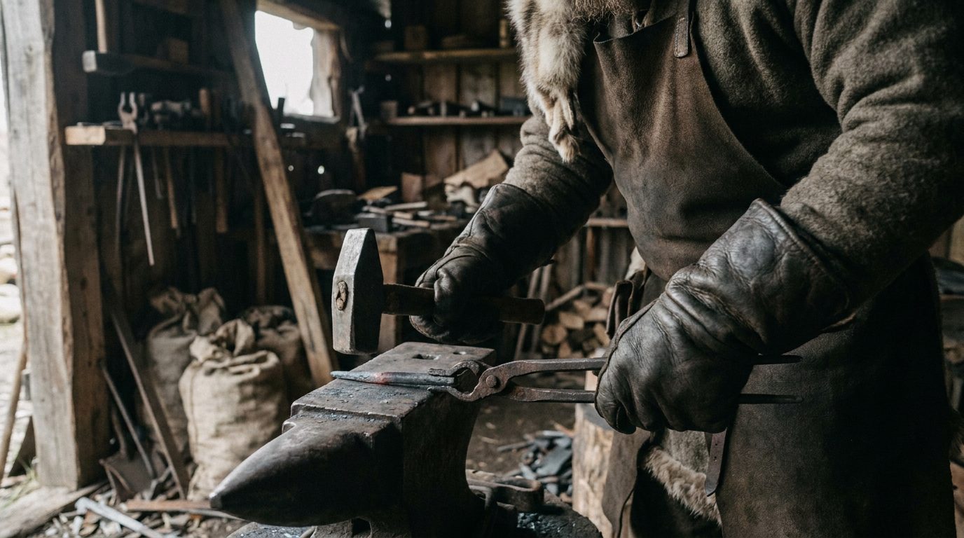 Torgrims händer vid ässjan, smider glödande metall