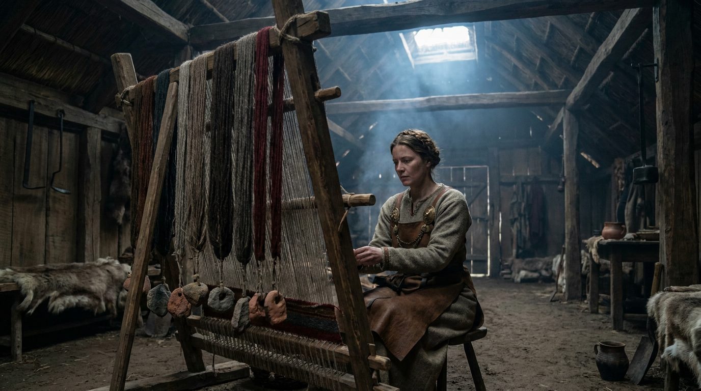 Kvinna vid vävstol i ett vikingatida långhus